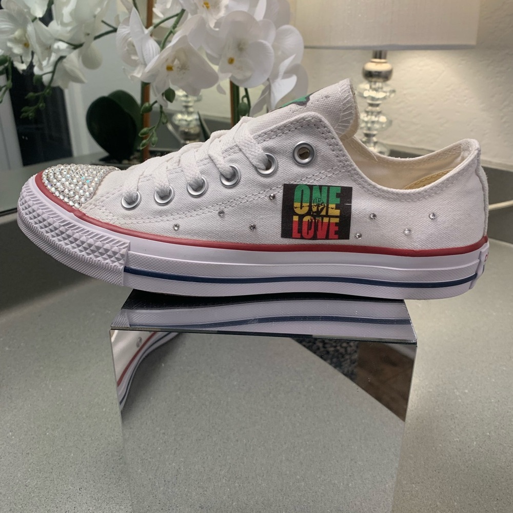 Converse White Sneakers with Rhinestone Toe and Rainbow Detail - Picture 5 of 11